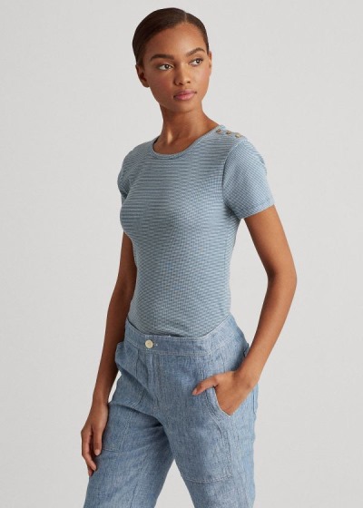 Tops Ralph Lauren Mujer Azules / Creme - Button-Trim Striped Cotton - PINFK1594